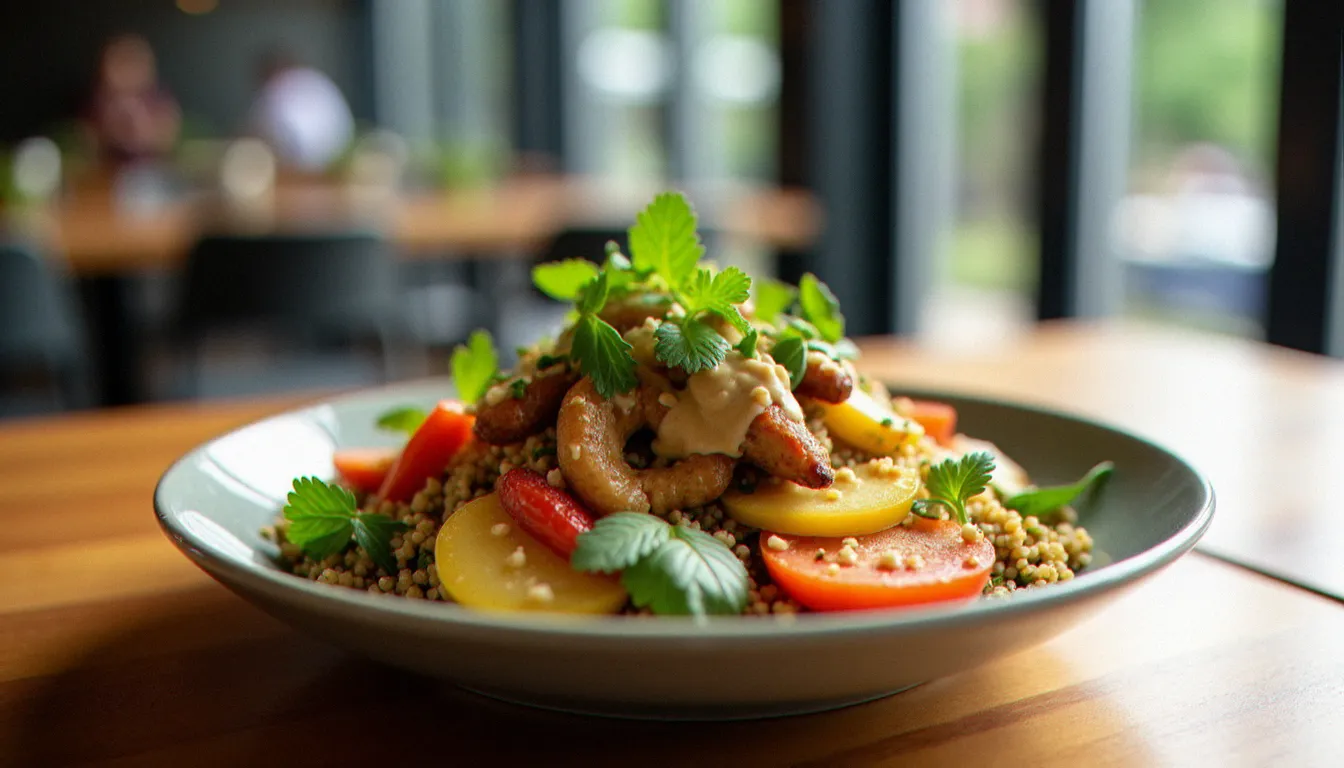 Bowl healthy composé servi au Helfy Mâcon, avec base de quinoa, légumes colorés et herbes fraîches, illustrant le concept de restauration saine à Mâcon