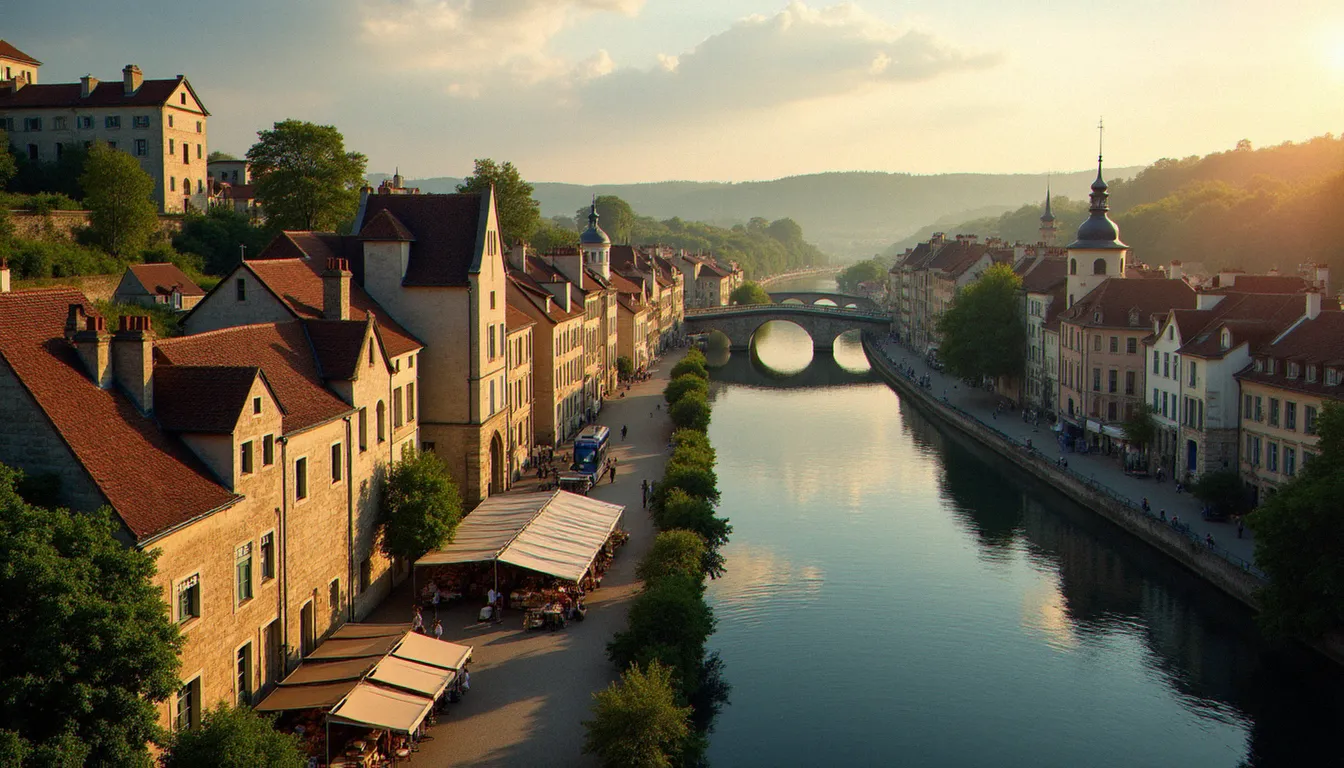 Vue panoramique du centre-ville de Mâcon au bord de la Saône, destination gastronomique de Bourgogne du Sud