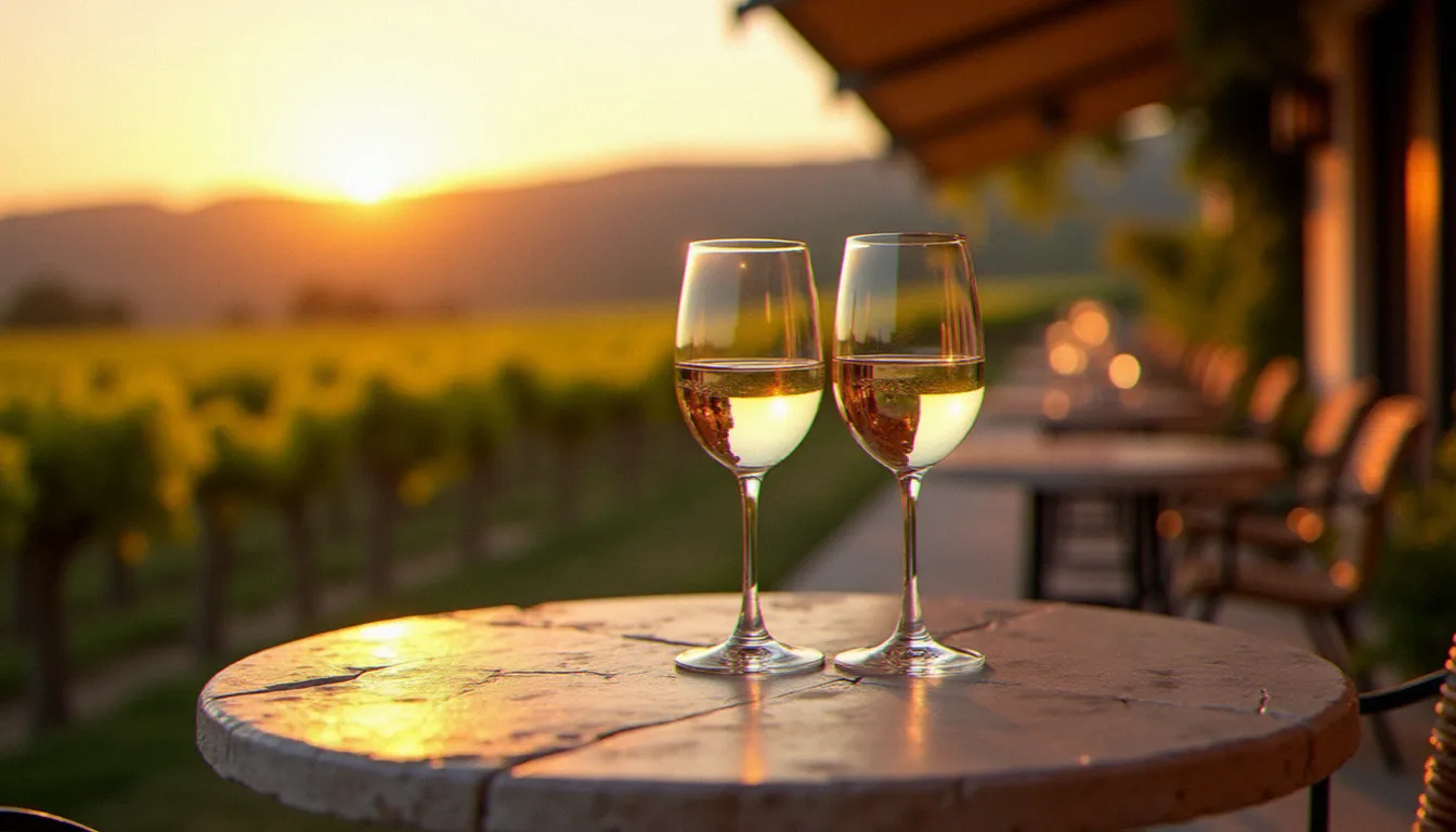 Terrasse de restaurant avec verres de vin blanc du Mâconnais au coucher du soleil, vignoble bourguignon en arrière-plan