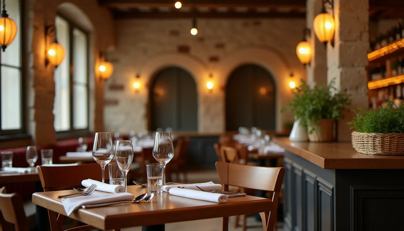 Intérieur chaleureux d'un restaurant à l'ambiance italo-méditerranéenne à Mâcon, tables en bois dressées avec soin sous un éclairage tamisé