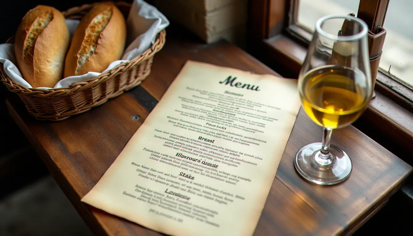 Carte de restaurant posée sur une table en bois dans un bistrot bourguignon, avec carafe de vin blanc mâconnais et corbeille de pain artisanal