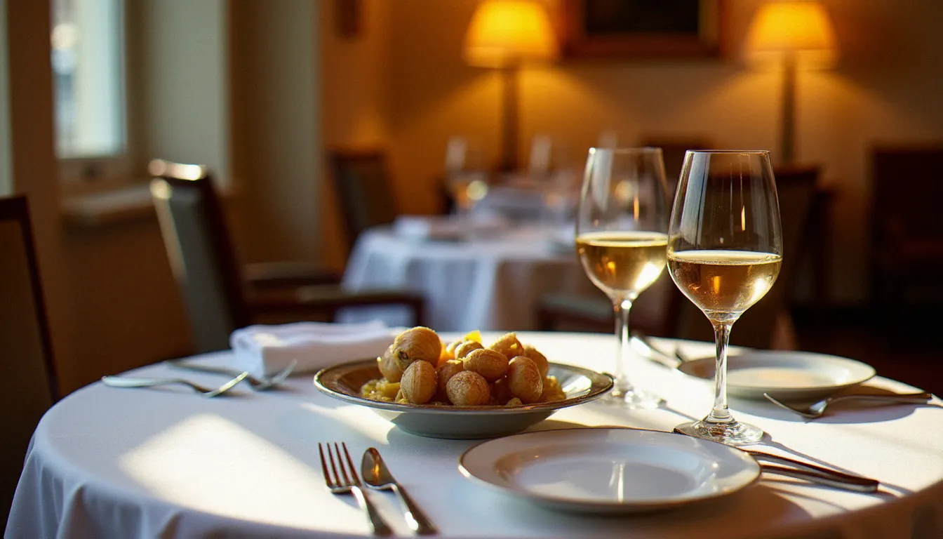Table dressée dans un restaurant bourguignon à Mâcon avec escargots de Bourgogne et verre de vin blanc mâconnais, illustrant le menu de l'Ambroisie Mâcon