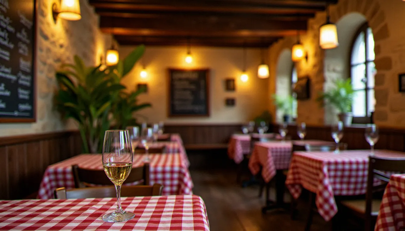 Intérieur chaleureux d'un bistrot traditionnel bourguignon près de Mâcon, murs en pierre, ardoise du jour et verre de vin blanc local sur une table en bois.