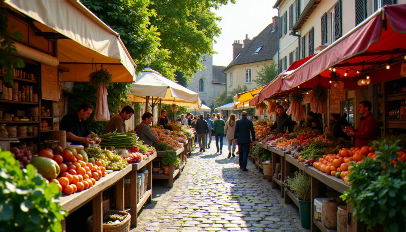 Marché dominical animé dans un village médiéval proche de Cluny et Mâcon, avec des étals de fromages, légumes frais et herbes aromatiques proposés par des producteurs locaux.