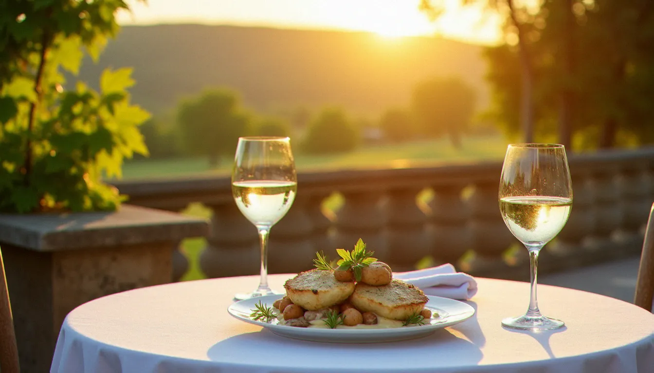 Table dressée sur une terrasse en pierre avec vue sur les vignes du Mâconnais, verres de vin blanc et assiette de volaille de Bresse — restaurant à proximité de Mâcon dans un cadre viticole.