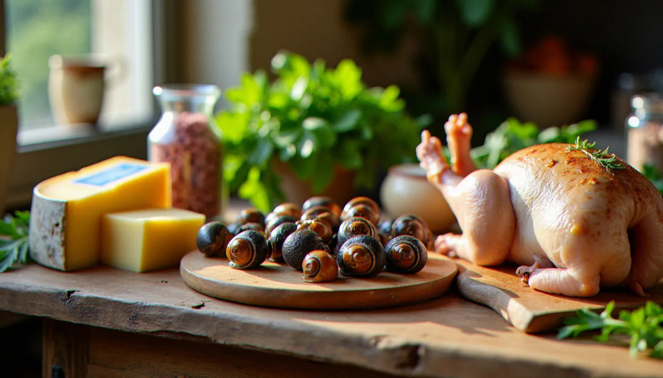 Étal de marché mâconnais avec spécialités locales : fromage Charolais AOP, escargots de Bourgogne et poulet de Bresse sur une table en bois rustique