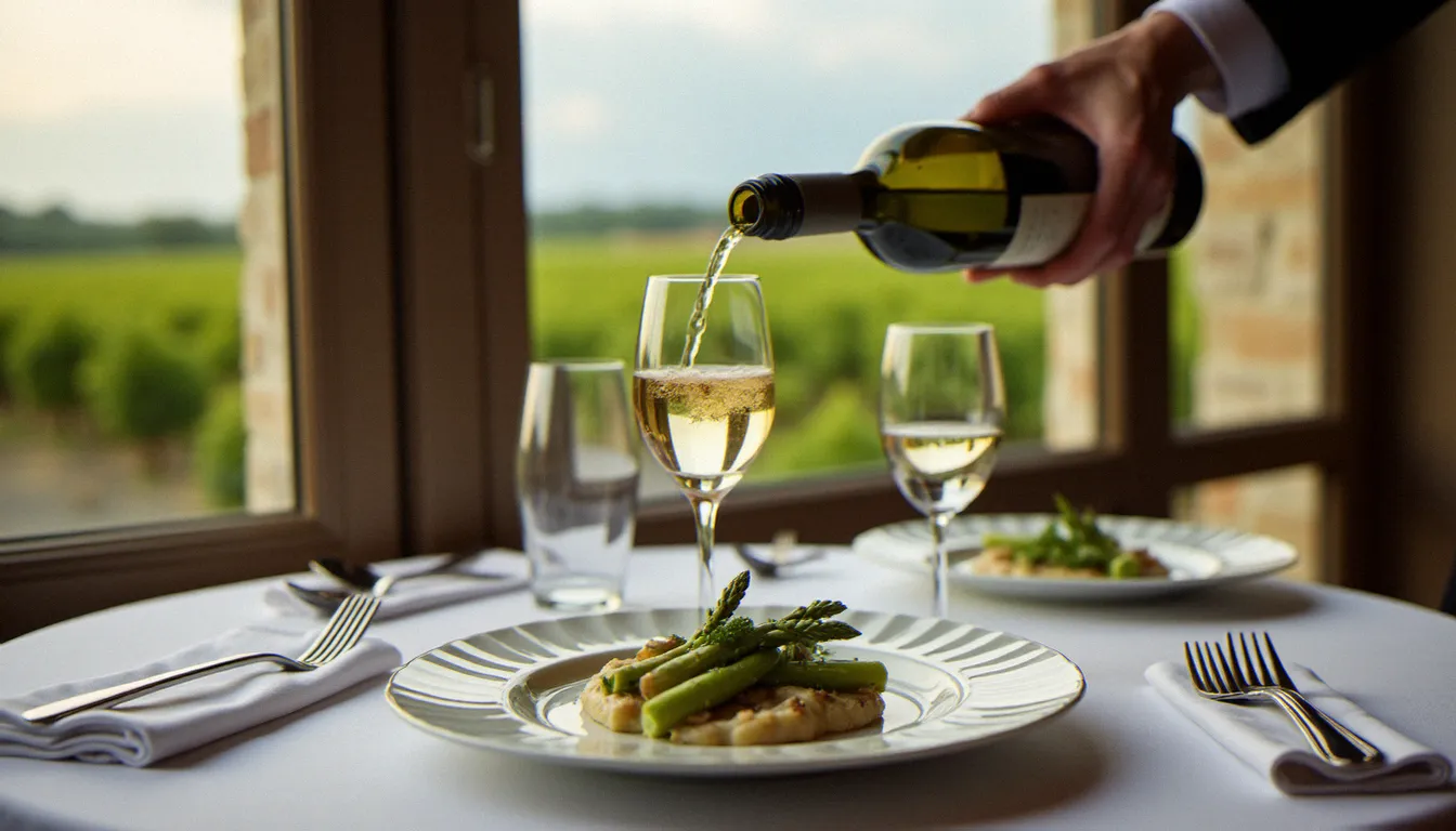 Sommelier servant un Saint-Véran lors d'un accord mets-vins dans un restaurant gastronomique du Mâconnais, asperges blanches et morilles en arrière-plan