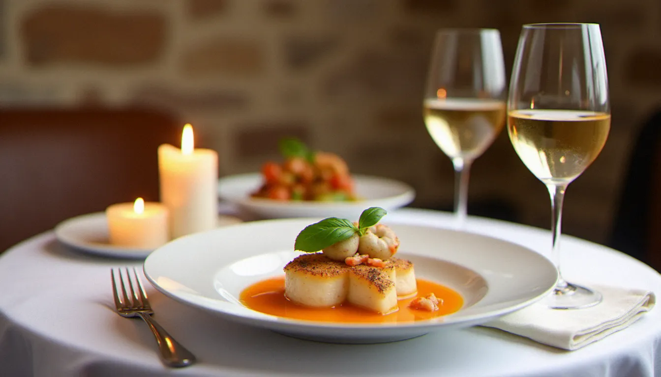 Assiette de restaurant gastronomique mâconnais présentant une quenelle de sandre sauce Nantua avec un verre de Pouilly-Fuissé, décor en pierre bourguignonne