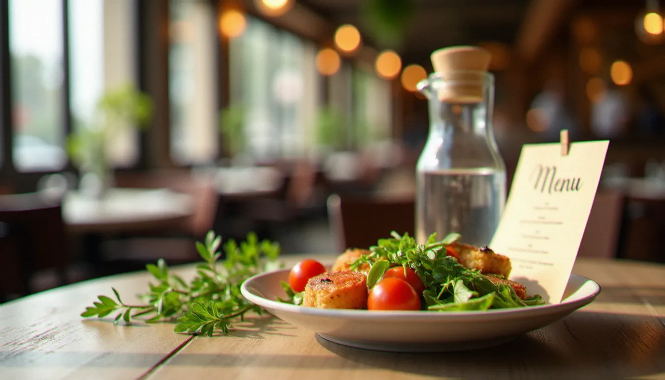 Assiette de légumes de saison sur une table de bistrot avec menu manuscrit et carafe d'eau, lumière naturelle