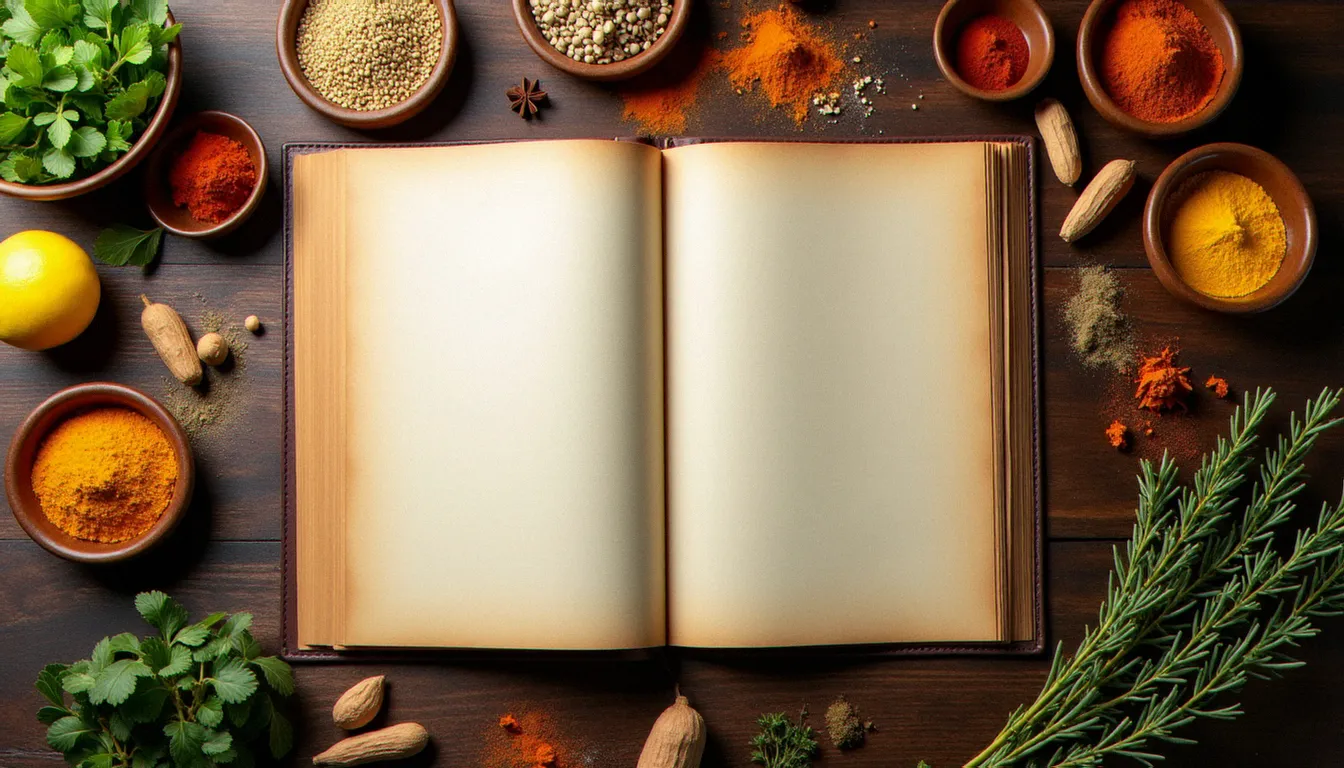 Vue de dessus d'une carte de restaurant ouverte entourée d'épices entières — cumin, coriandre, curcuma — et de thym frais sur une table en bois