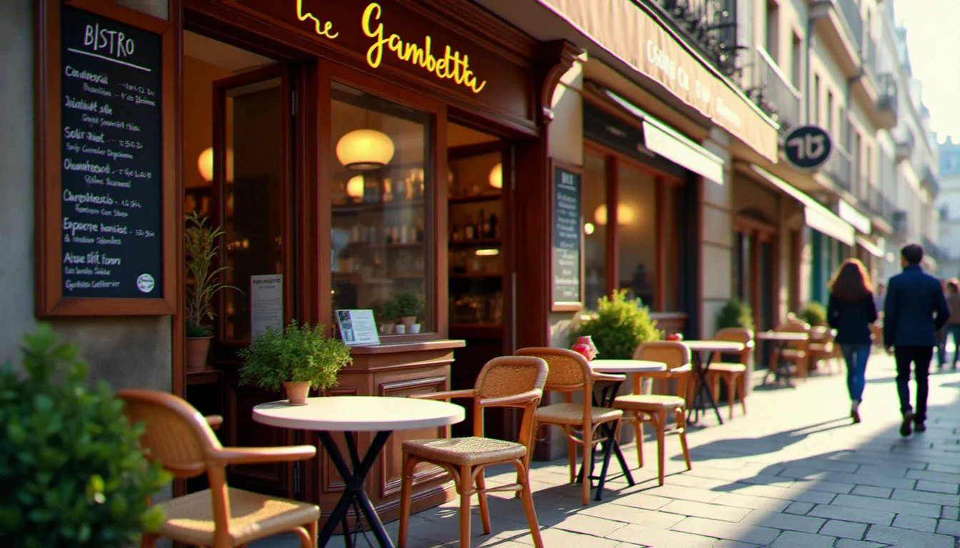 Devanture d'un restaurant rue Gambetta avec ardoise manuscrite et terrasse ensoleillée, tables en rotin sur le trottoir