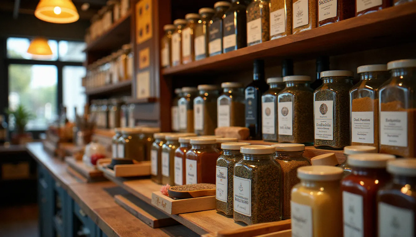 Intérieur d'une épicerie fine avec bocaux d'épices et produits du terroir bourguignon sur des étagères en bois, dans une boutique du centre de Mâcon