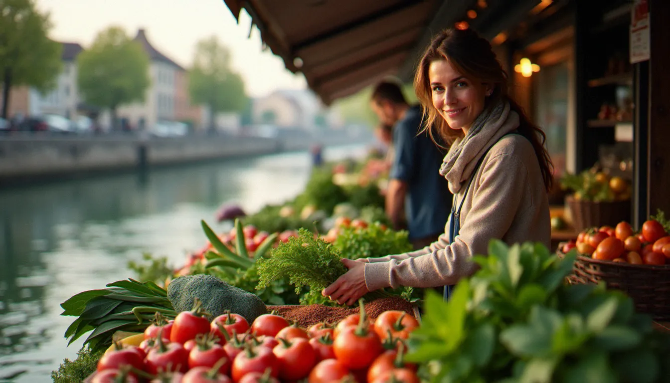 Femme visitant un marché local de Mâcon avec des herbes fraîches et des légumes de saison, avec les quais de Saône en arrière-plan