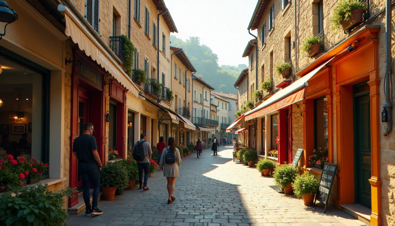 Vue de la rue Gambetta à Mâcon avec ses commerces et son architecture bourguignonne traditionnelle sous la lumière du matin
