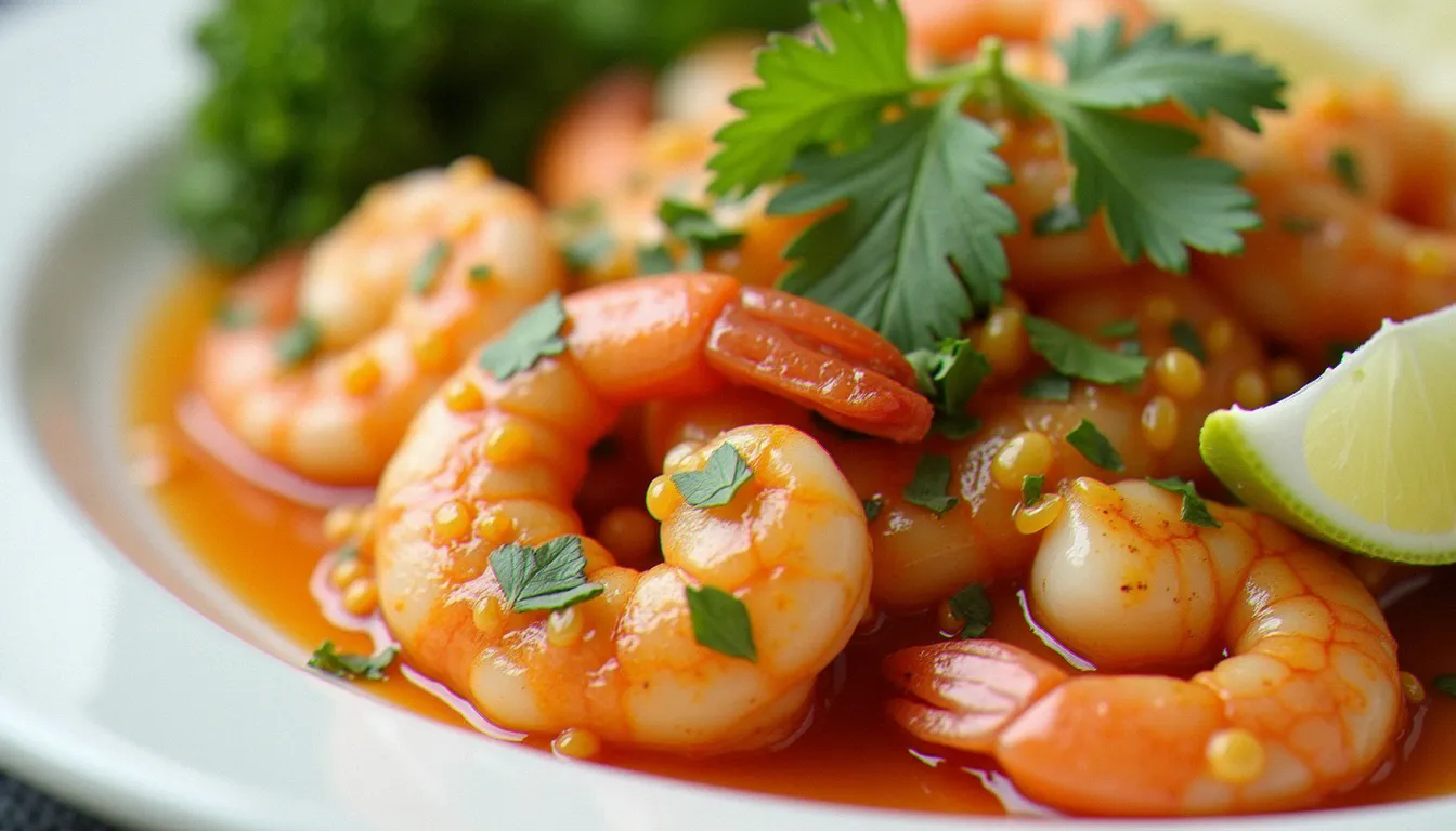 Crevettes sautées au gingembre et au citron vert, servies avec des légumes vapeur.